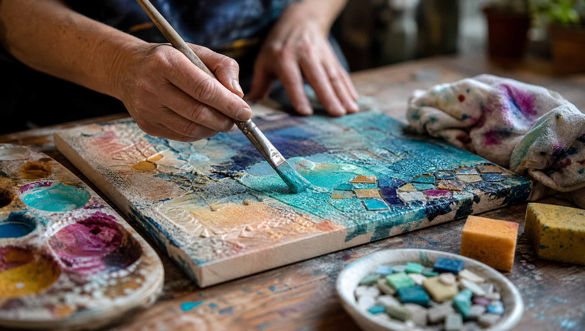 Handen werken aan kunstwerk met verfkwast en kleurpaletten op workshoptafel
