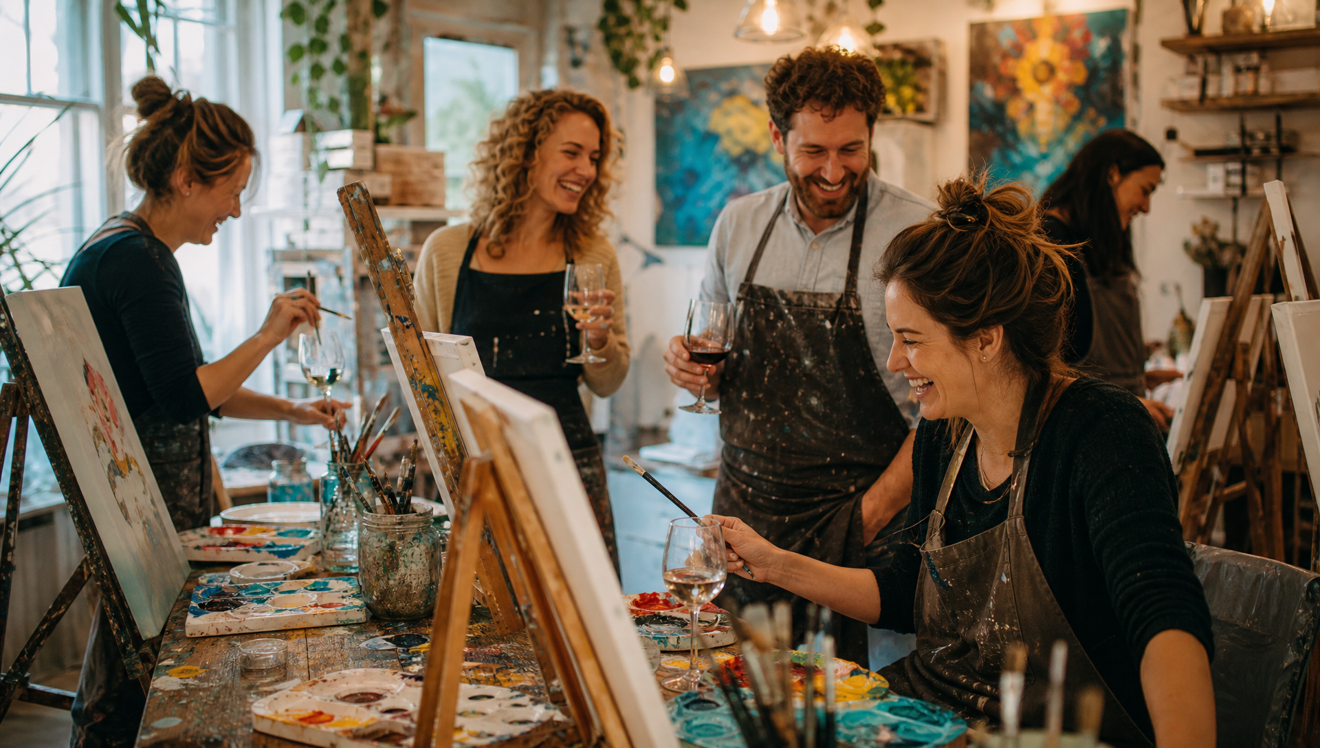 Groep schildert samen aan ezels tijdens een creatieve workshop in Flevoland, met kwasten, verf en een glas wijn