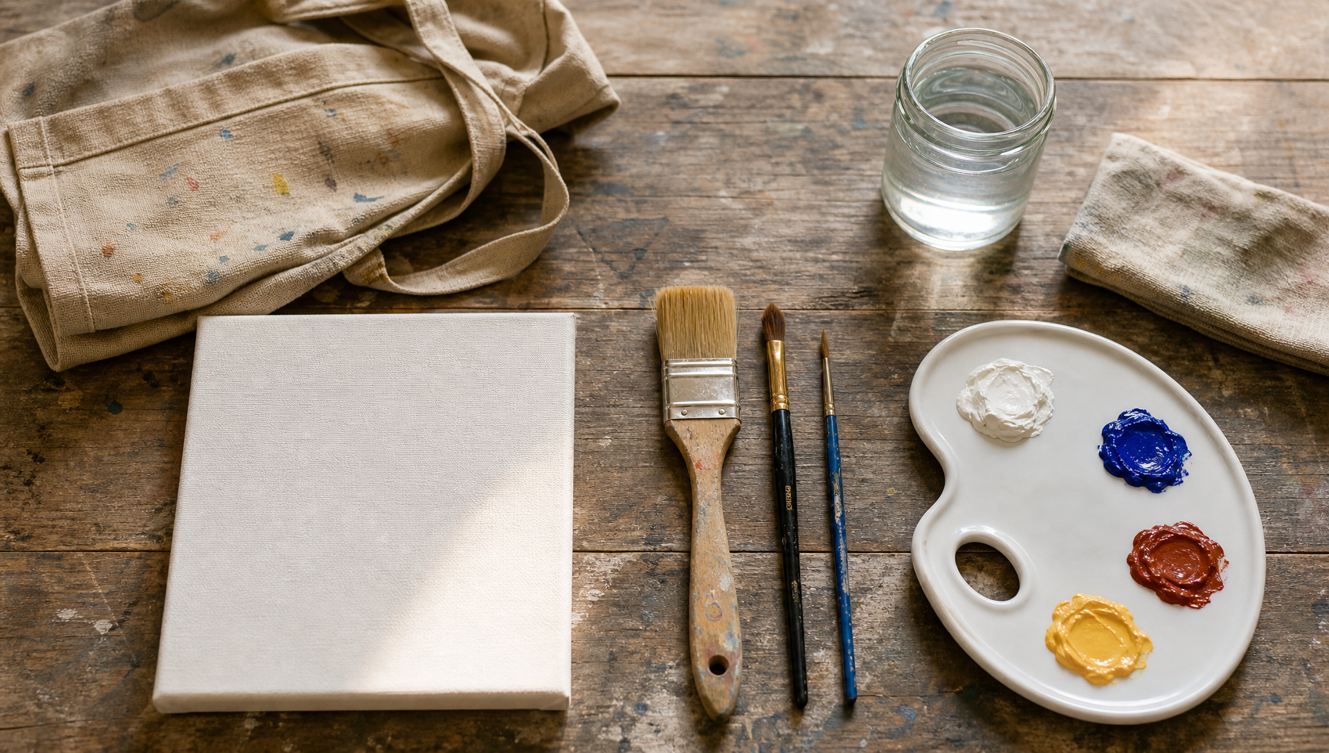 Geschikte materialen voor beginners klaar op houten tafel: canvas, kwast, verf en palet.