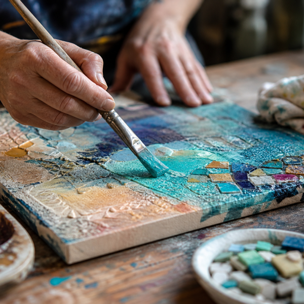 Handen werken aan kunstwerk met verfkwast en kleurpaletten op workshoptafel