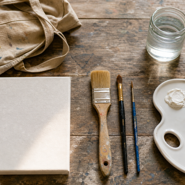 Geschikte materialen voor beginners klaar op houten tafel: canvas, kwast, verf en palet.